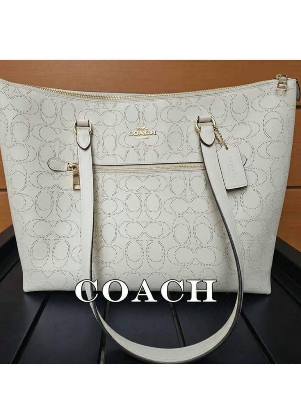 Coach Chalk White Gallery Tote in Perforated Signature Leather #1499